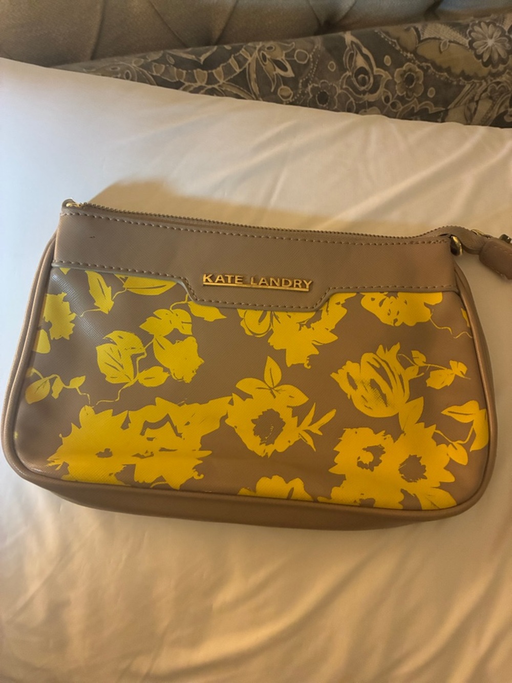 Kate Landry Taupe Crossbody with Yellow Floral Pattern